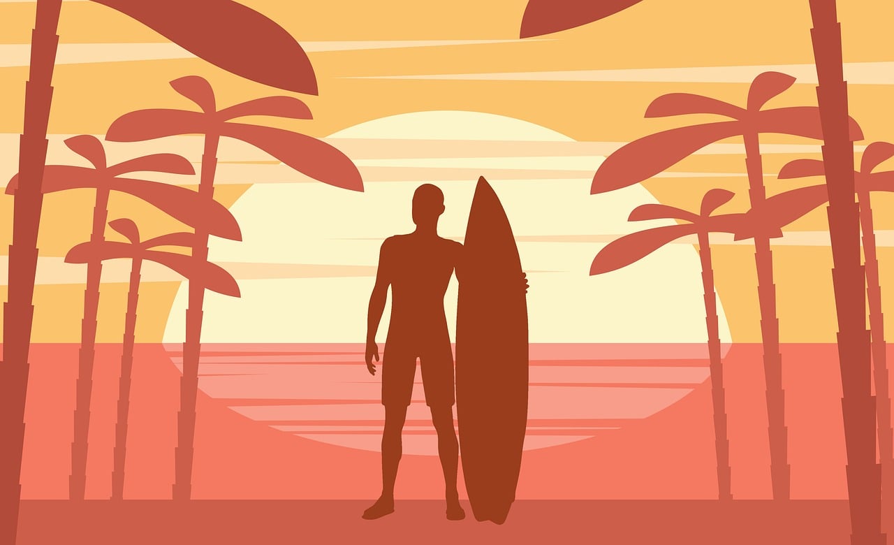 surfer, surfboard, nature, man, beach, ocean, water, sport, summer, sunset, seascape, silhouette, coast, sun, board, shore, activity, fun, adventure, post card, copy space, greeting card, colorful, wallpaper